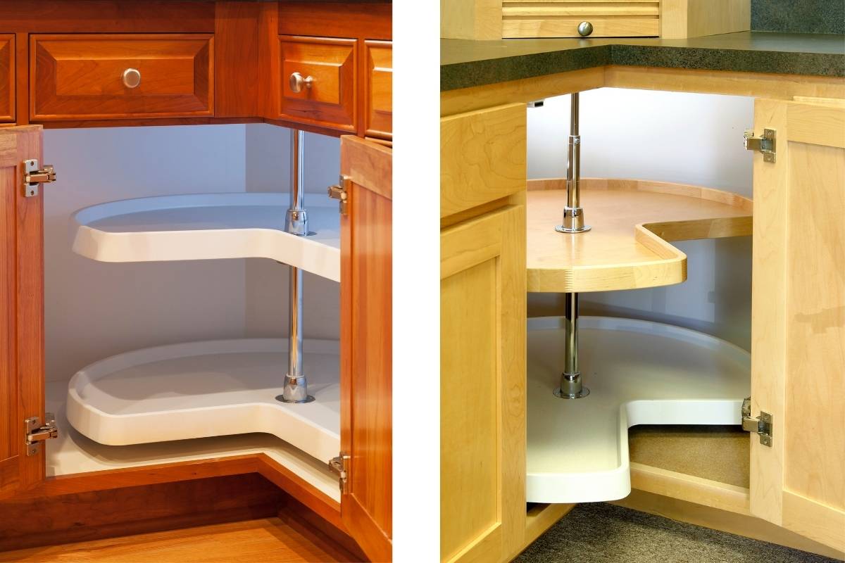 Lazy Susan turntables storing condiments and jars in a small pantry space.