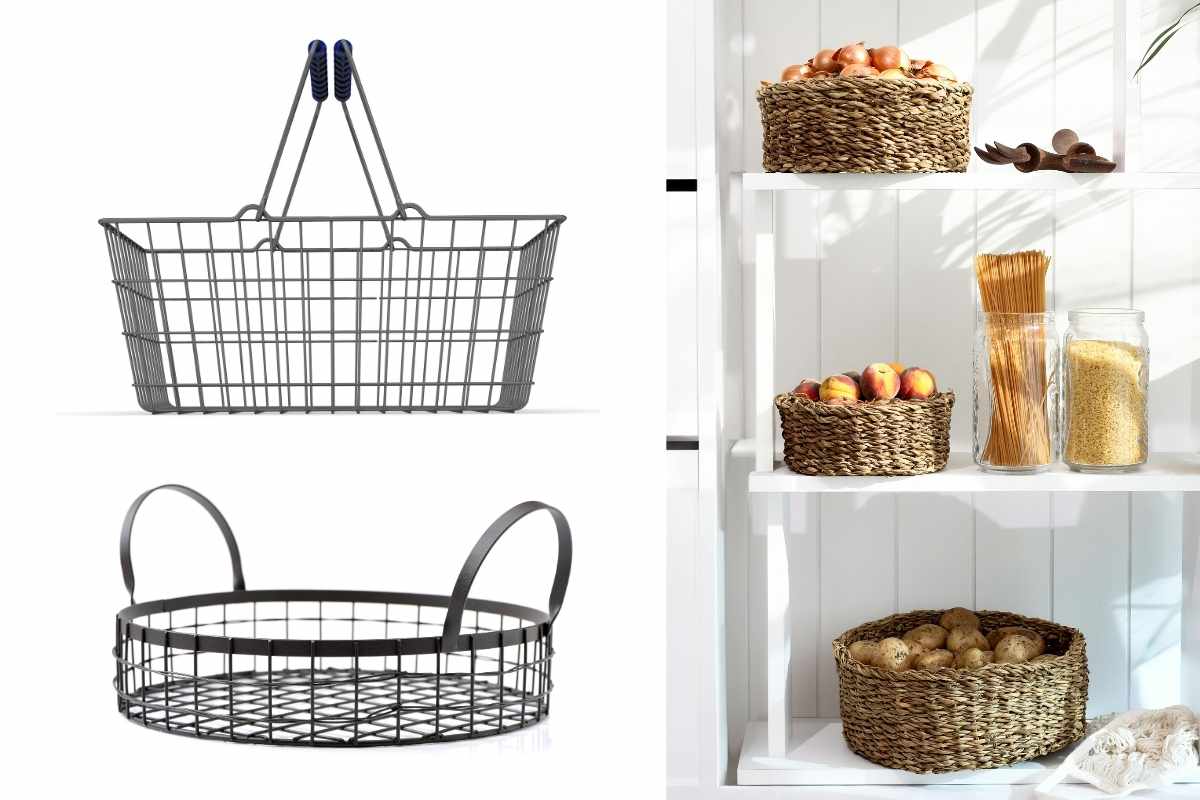 Wire baskets storing produce and snacks as part of small kitchen pantry storage solutions.