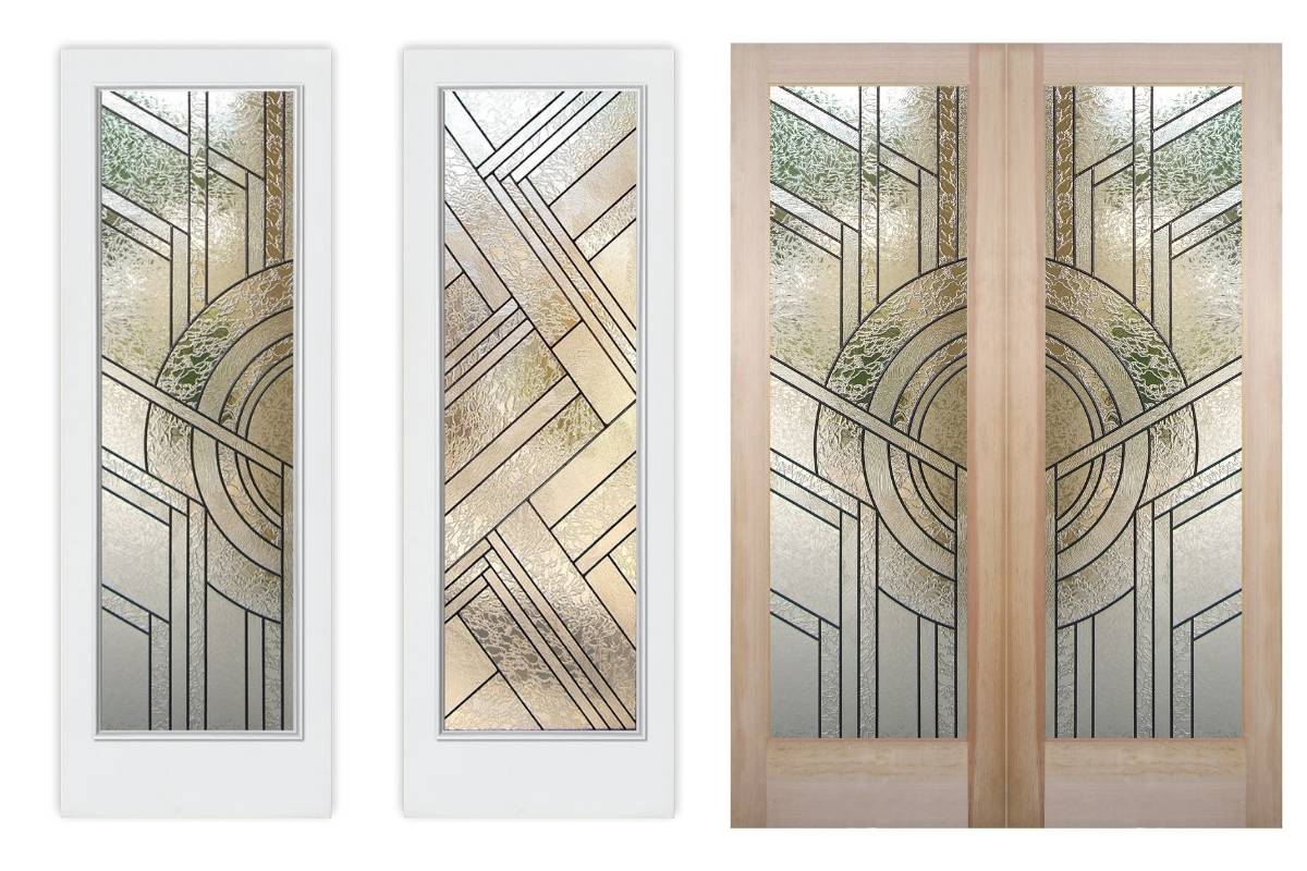 Collage of stained glass door designs in single and double styles, featuring modern geometric patterns.