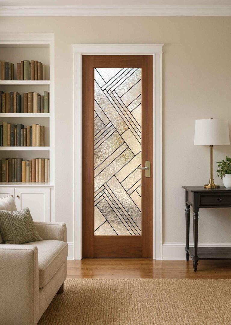 Stained glass door used as an interior room divider with natural light filtering through.