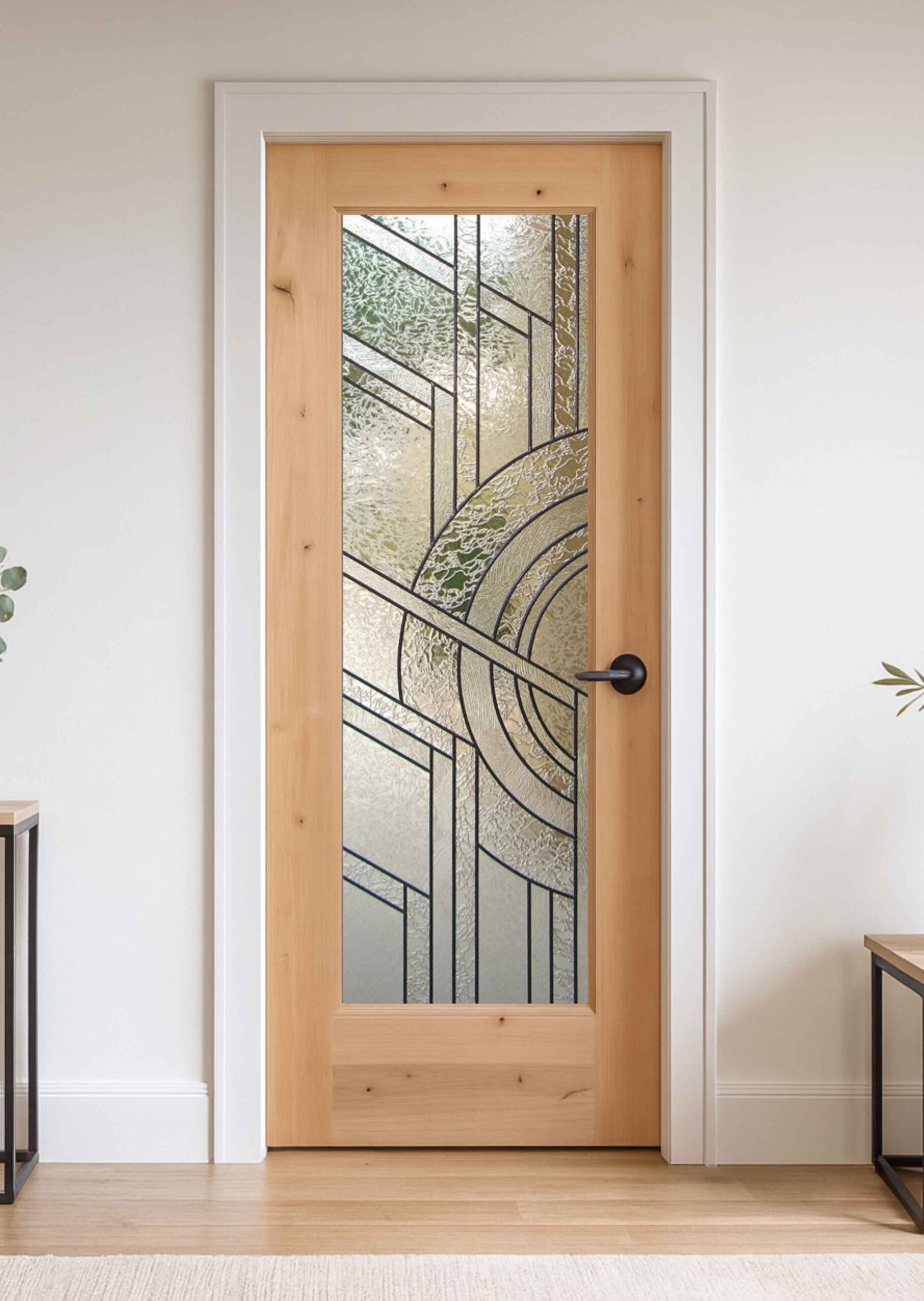 Modern stained glass interior door adding privacy and light to a modern interior space