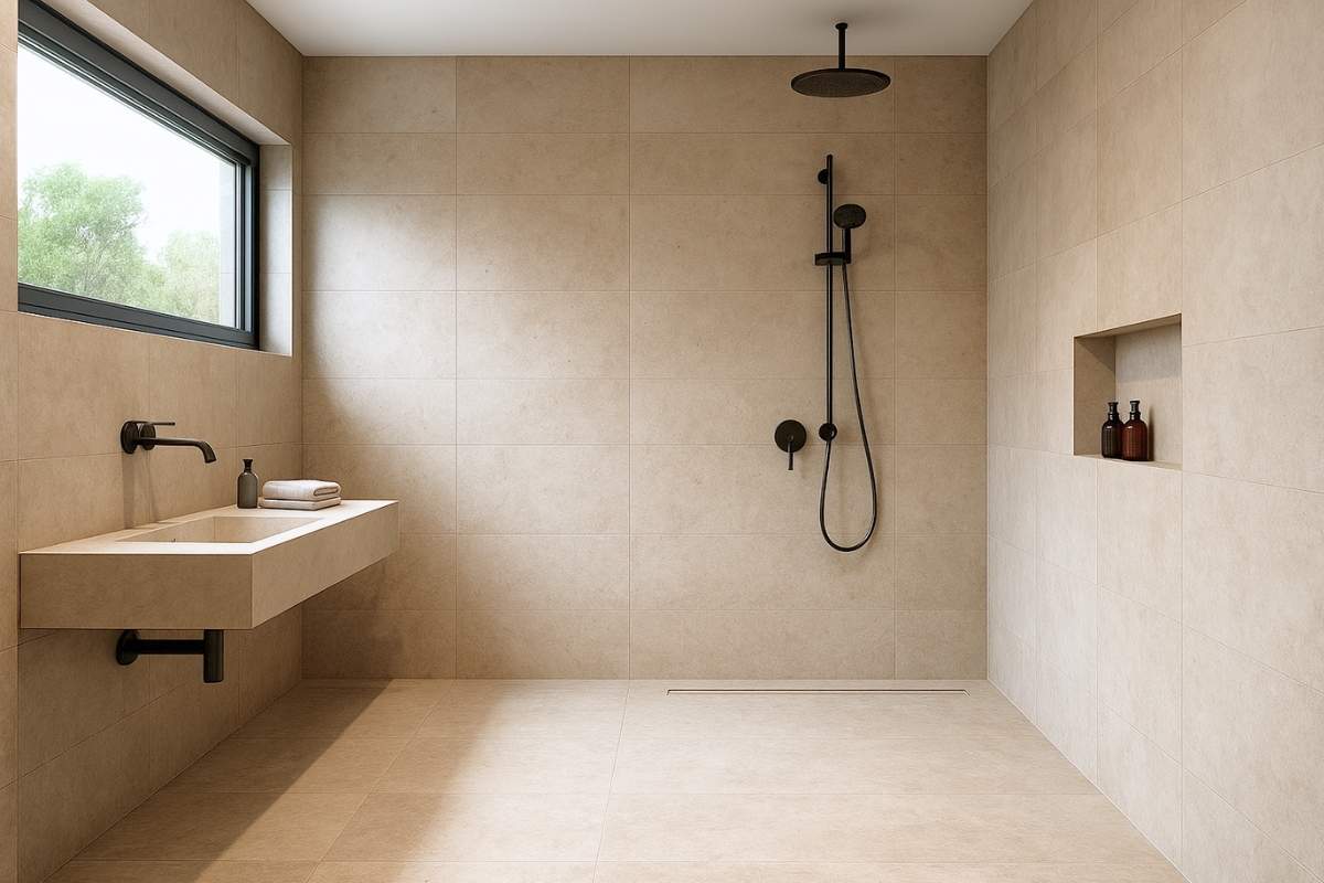 Luxury wet room with beige stone tiles and open shower setup compared to glass shower panels in modern bathrooms.