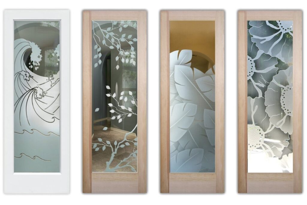 Close-up of Sans Soucie frosted glass pantry doors, showcasing handcrafted quality and precision.