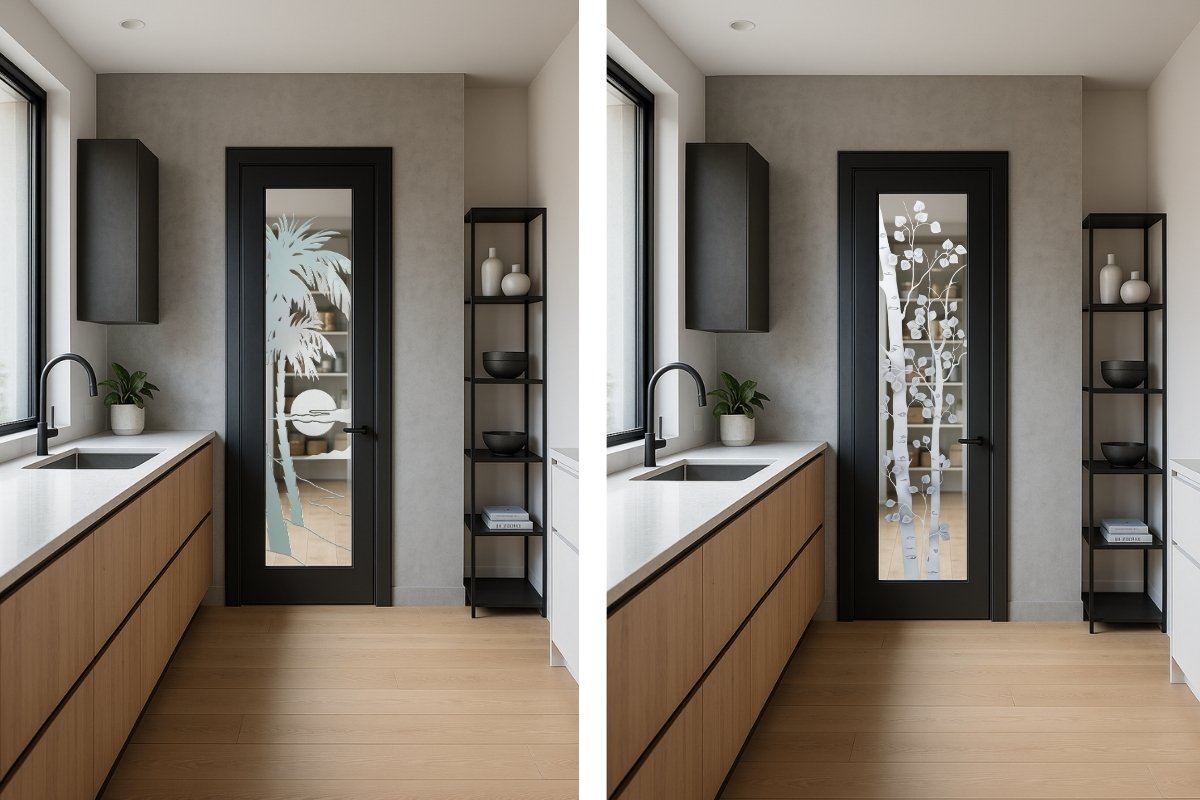 High-quality handcrafted frosted glass pantry door with an etched tropical palm design in a clear glass, set in a minimalist modern kitchen for a premium and artistic touch.