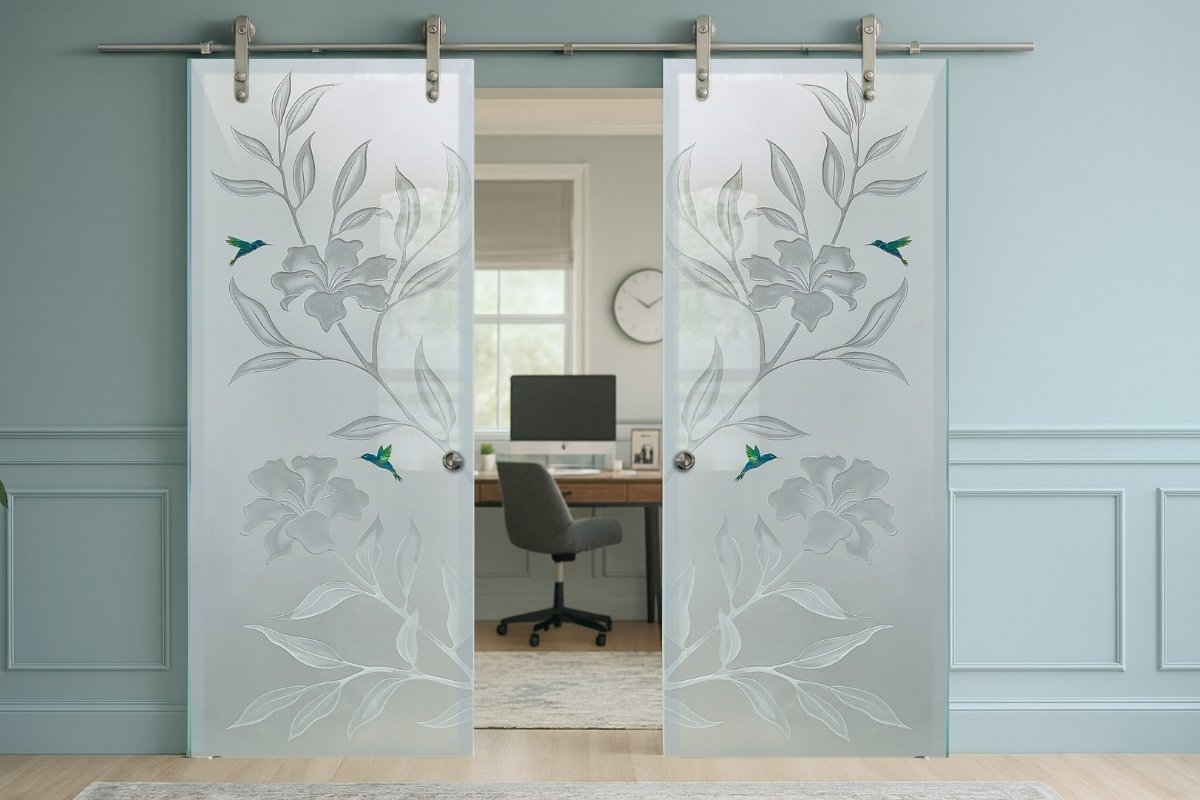 Custom double glass barn doors adding privacy and style to a home office design.
