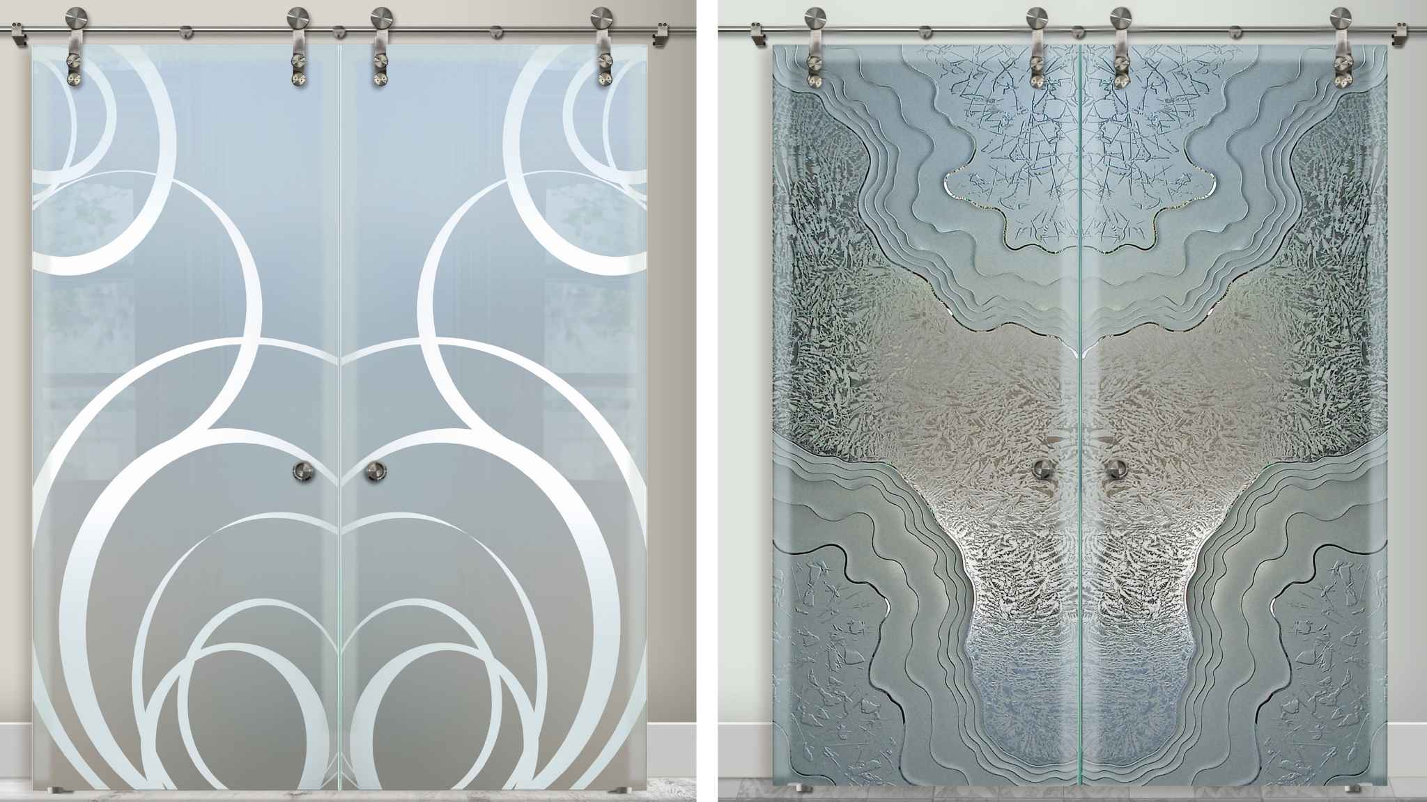 Collage of custom frosted glass barn doors in modern interior designs.