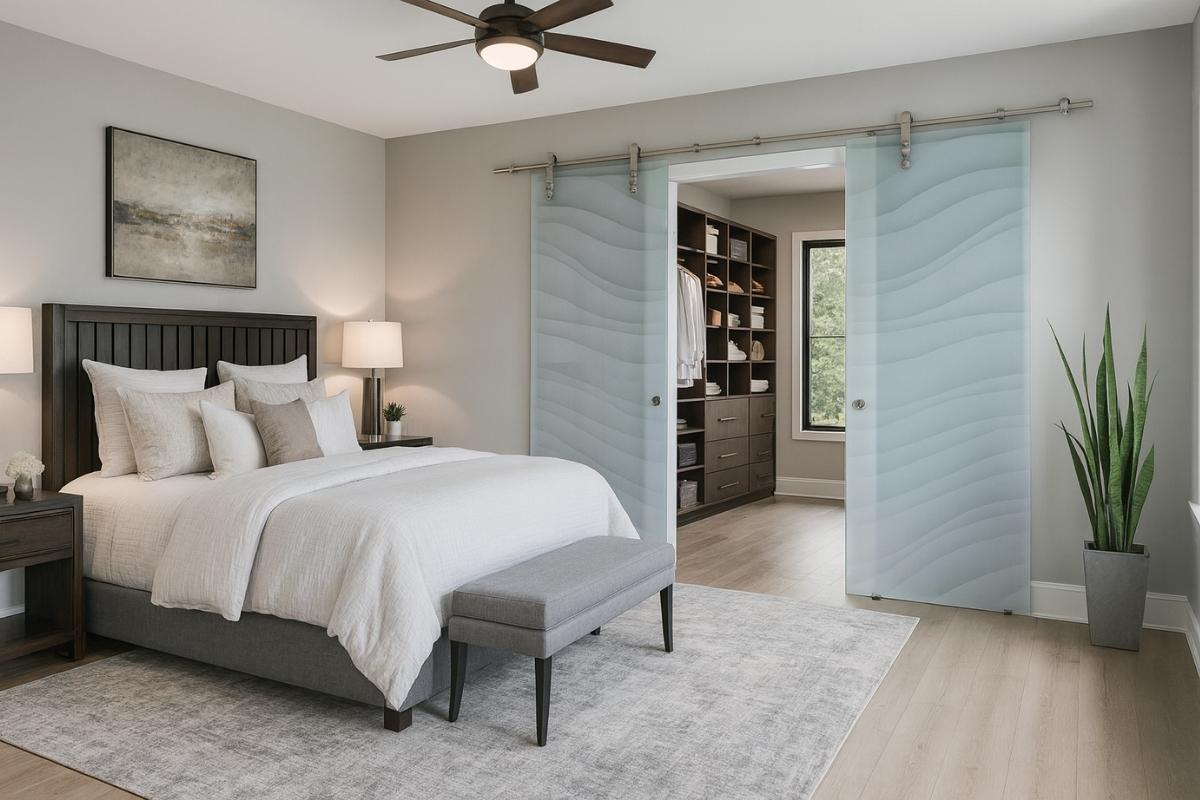 Contemporary walk-in closet entrance with wave-patterned double glass barn doors.