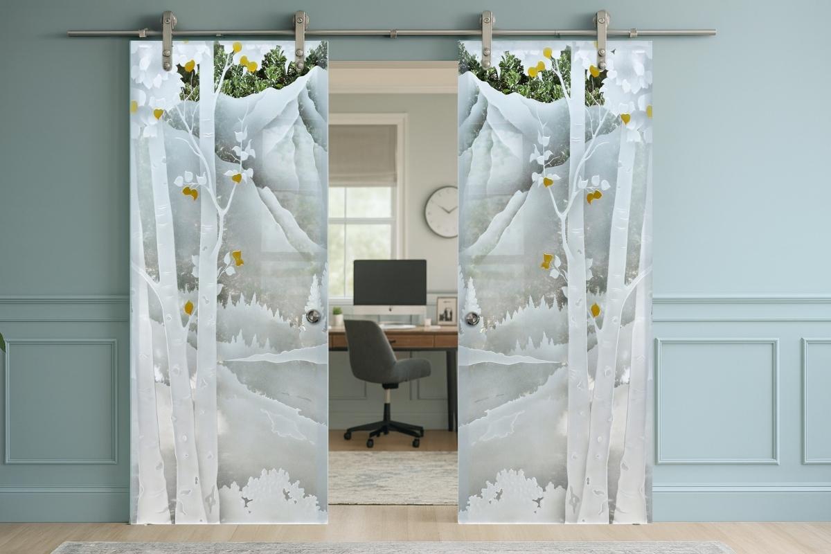 Premium quality frosted sliding barn doors with reliable hardware and lasting performance in a home office.
