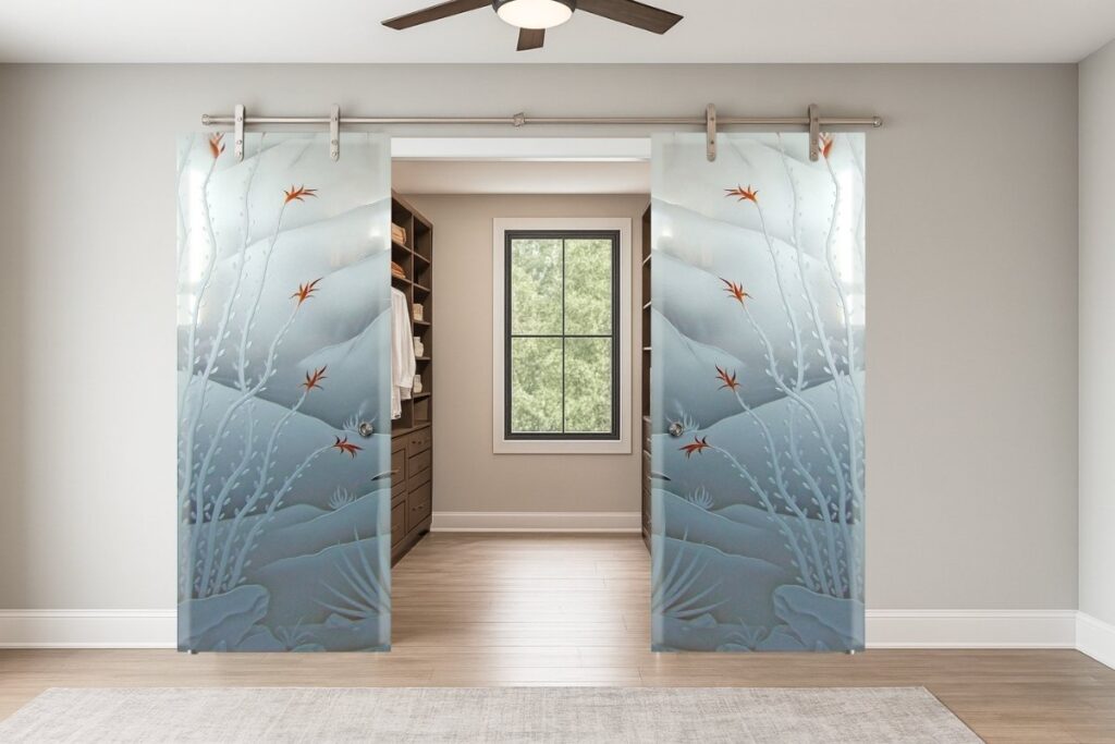 Space-saving double sliding barn doors with frosted glass panels in a master suite.
