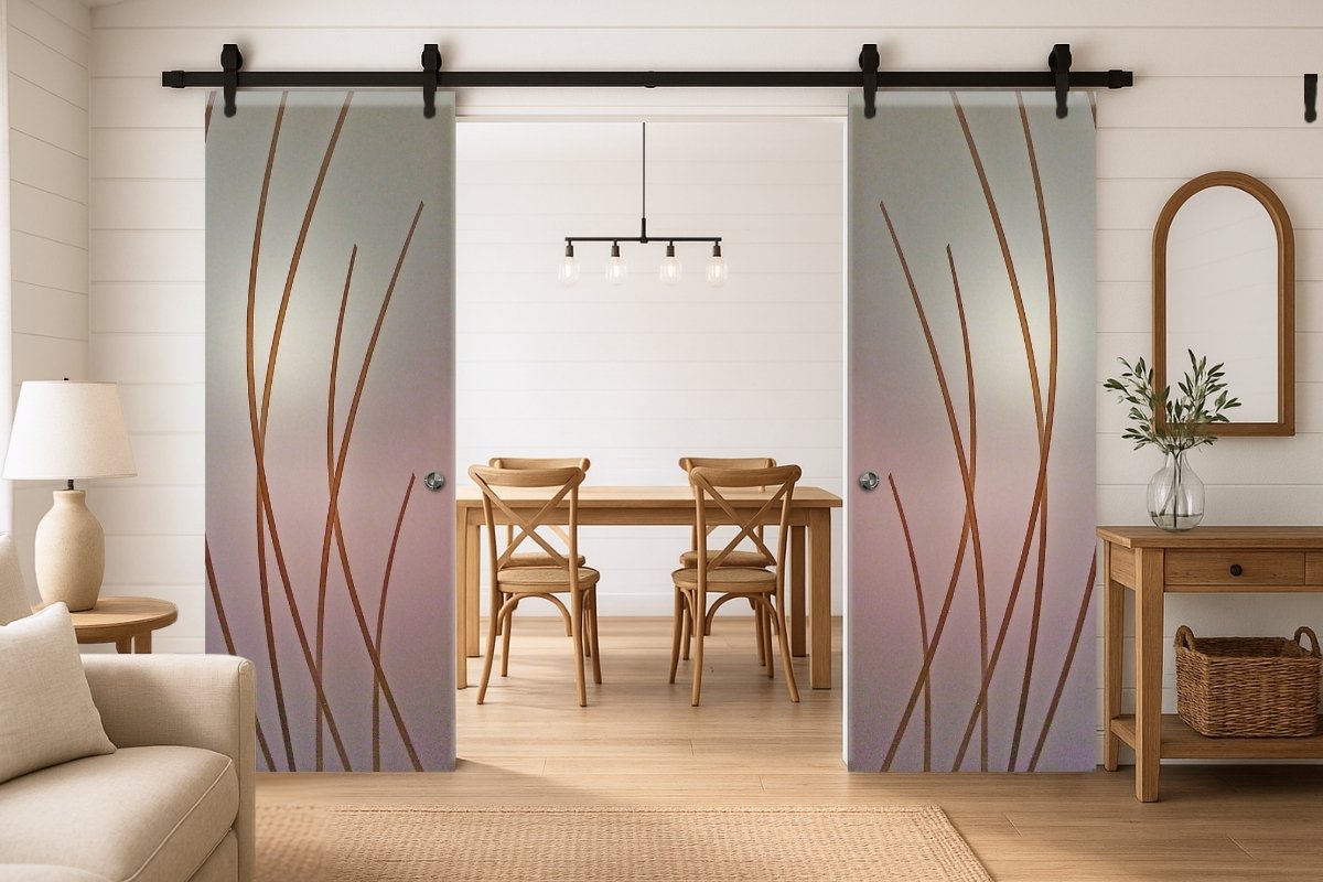 Double barn door glass in a modern farmhouse home interior.