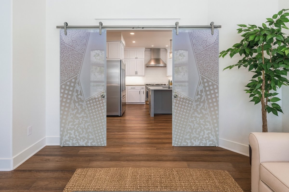 Living room showing double barn door glass