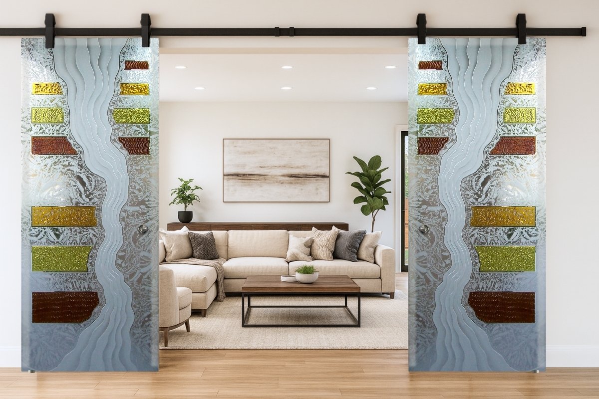 Custom double glass barn doors adding privacy and style to a living room.