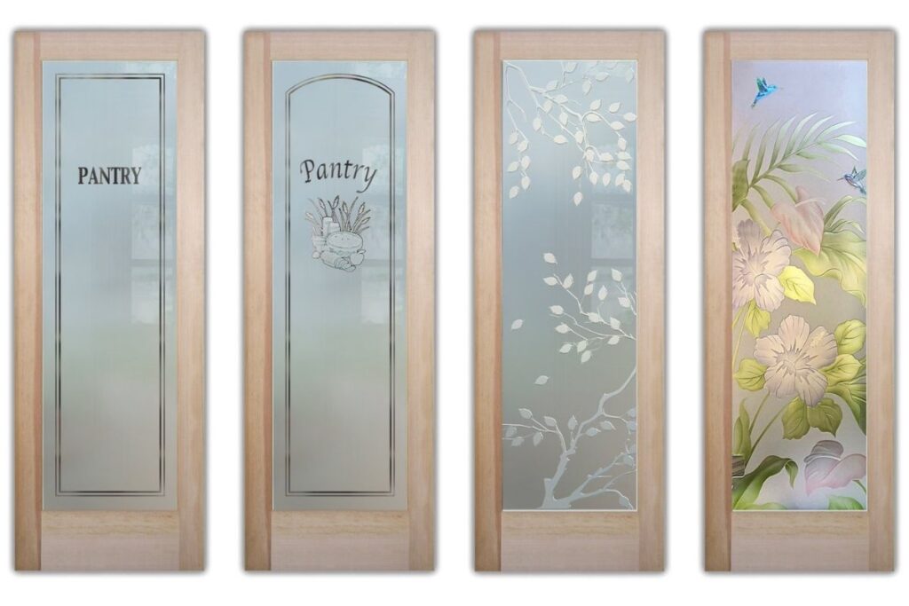 Collage of pantry doors with custom fonts, borders, and etched designs