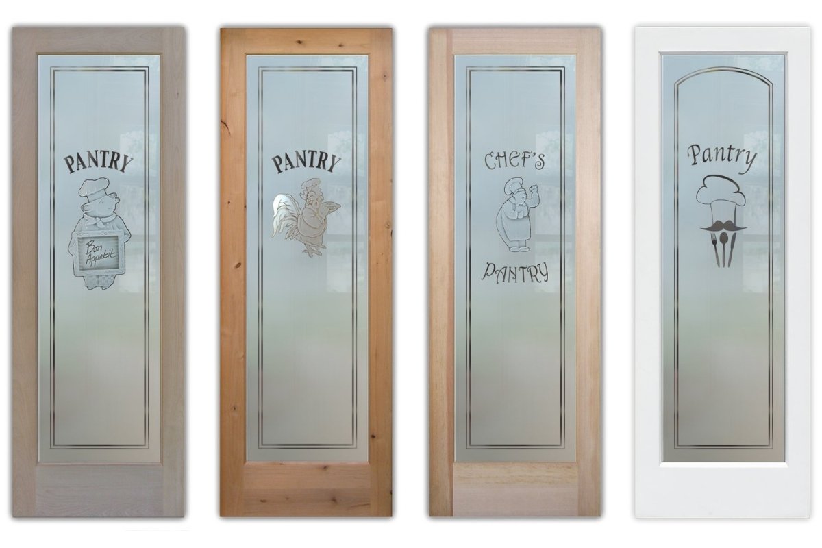 Pantry door with glass featuring chef-inspired etched designs like hats and playful kitchen motifs