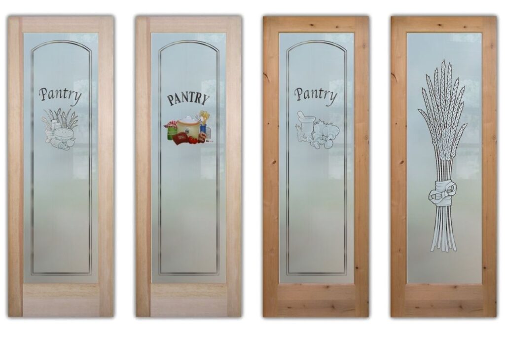 Frosted glass pantry doors with baking and kitchen motifs including apple pie, bread basket, bundled wheat, and recipe-inspired designs.