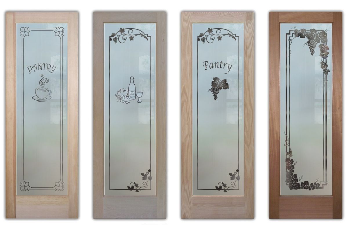 Glass pantry doors with etched coffee and wine-inspired designs for kitchens