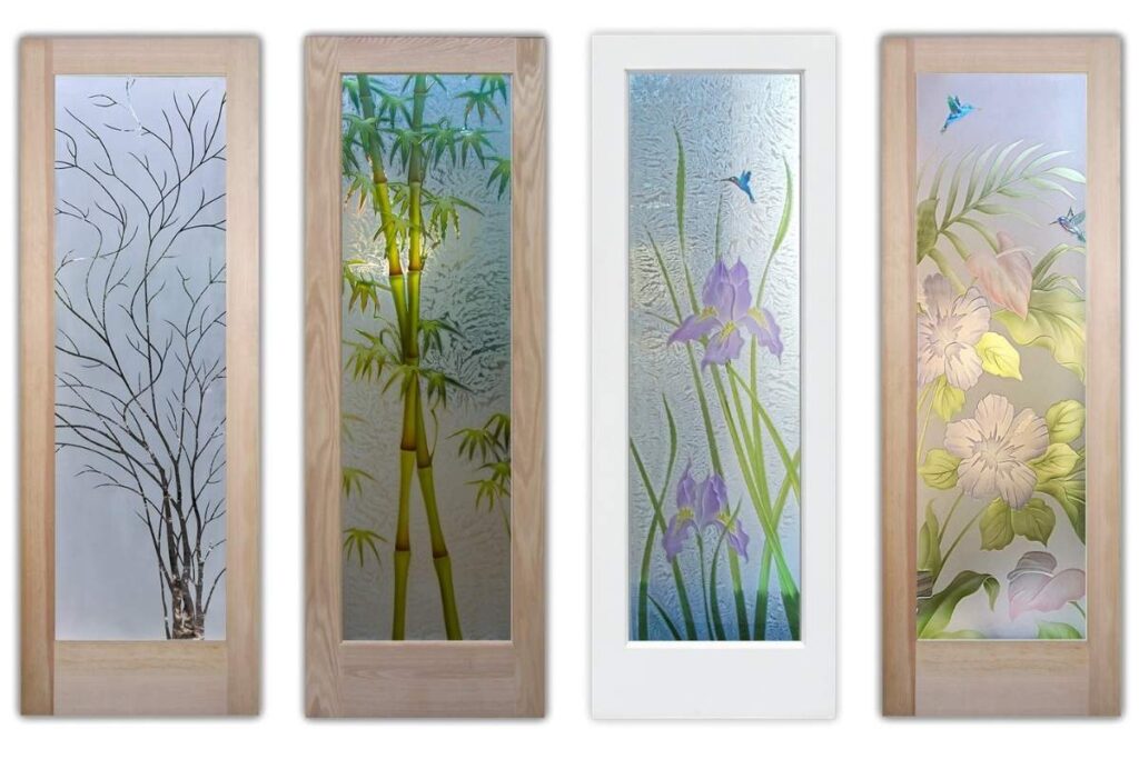 Frosted glass pantry door featuring floral and nature-inspired etched designs