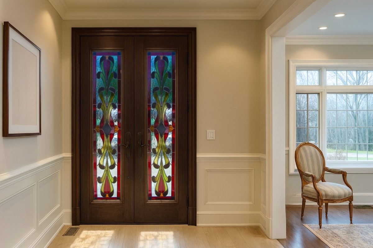 A handcrafted stained glass front door creating an artistic focal point for the home&rsquo;s entrance.