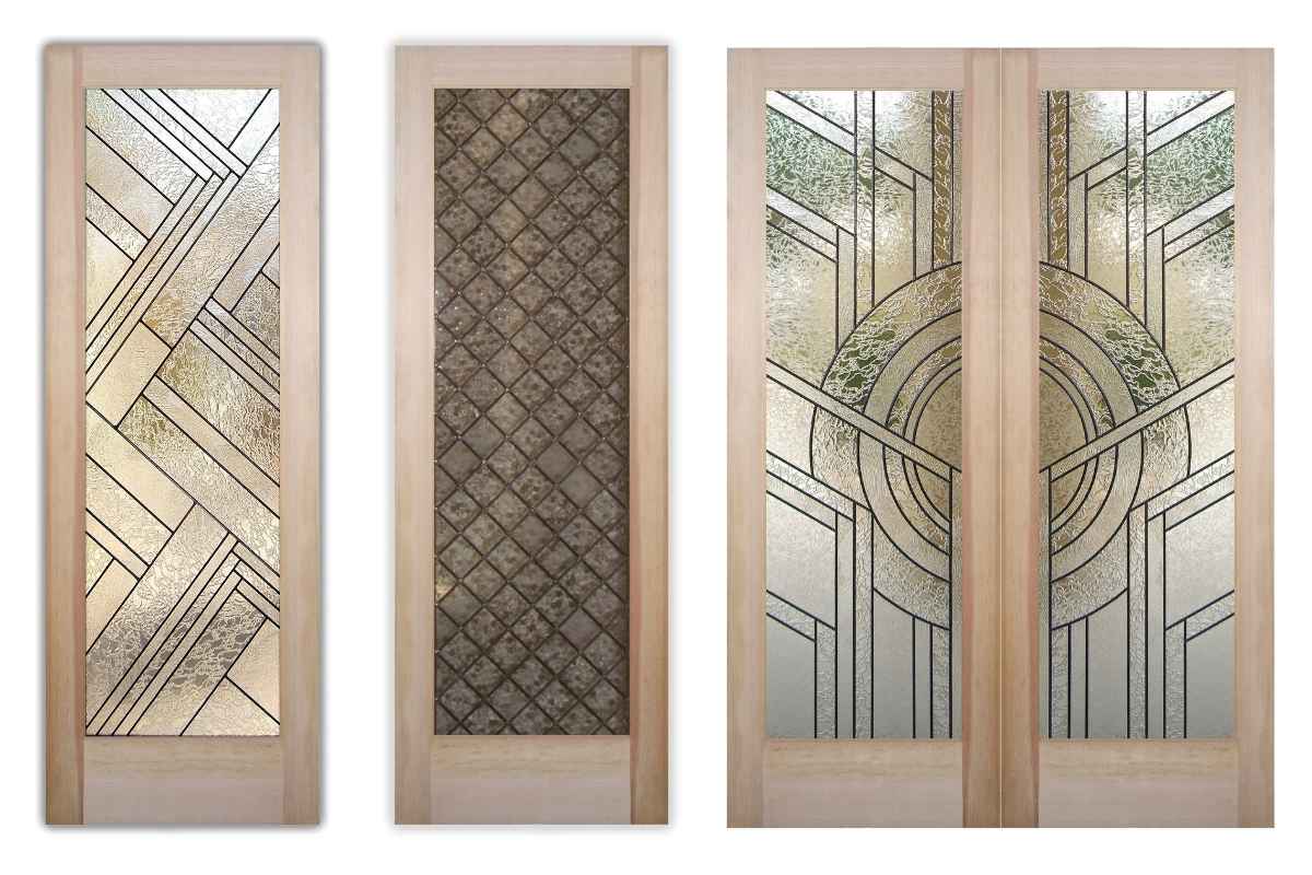 Stained glass door designs in single and double styles, featuring modern geometric patterns