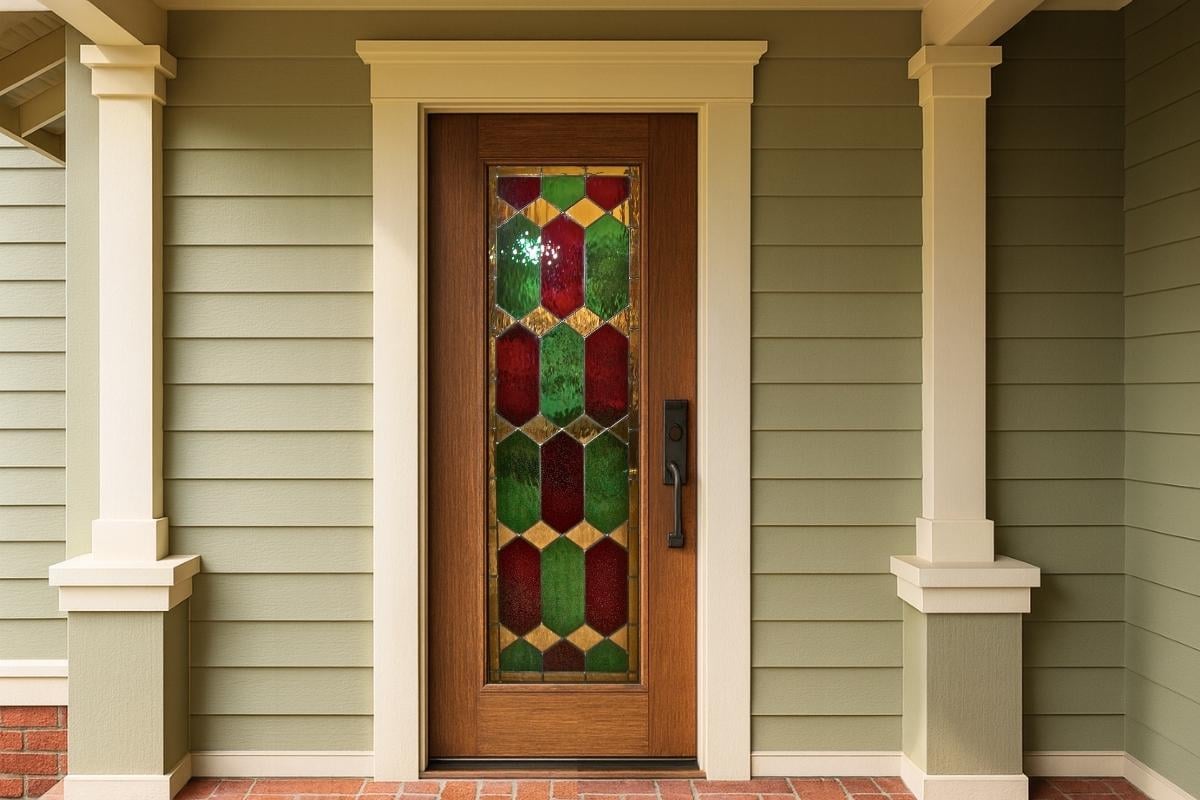 Mahogany front door with stained glass panel in an American Craftsman Bungalow home.