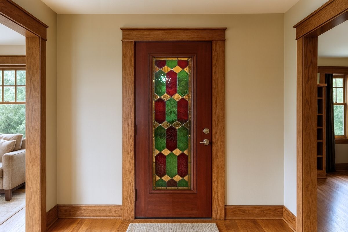 Interior door with stained glass panel.