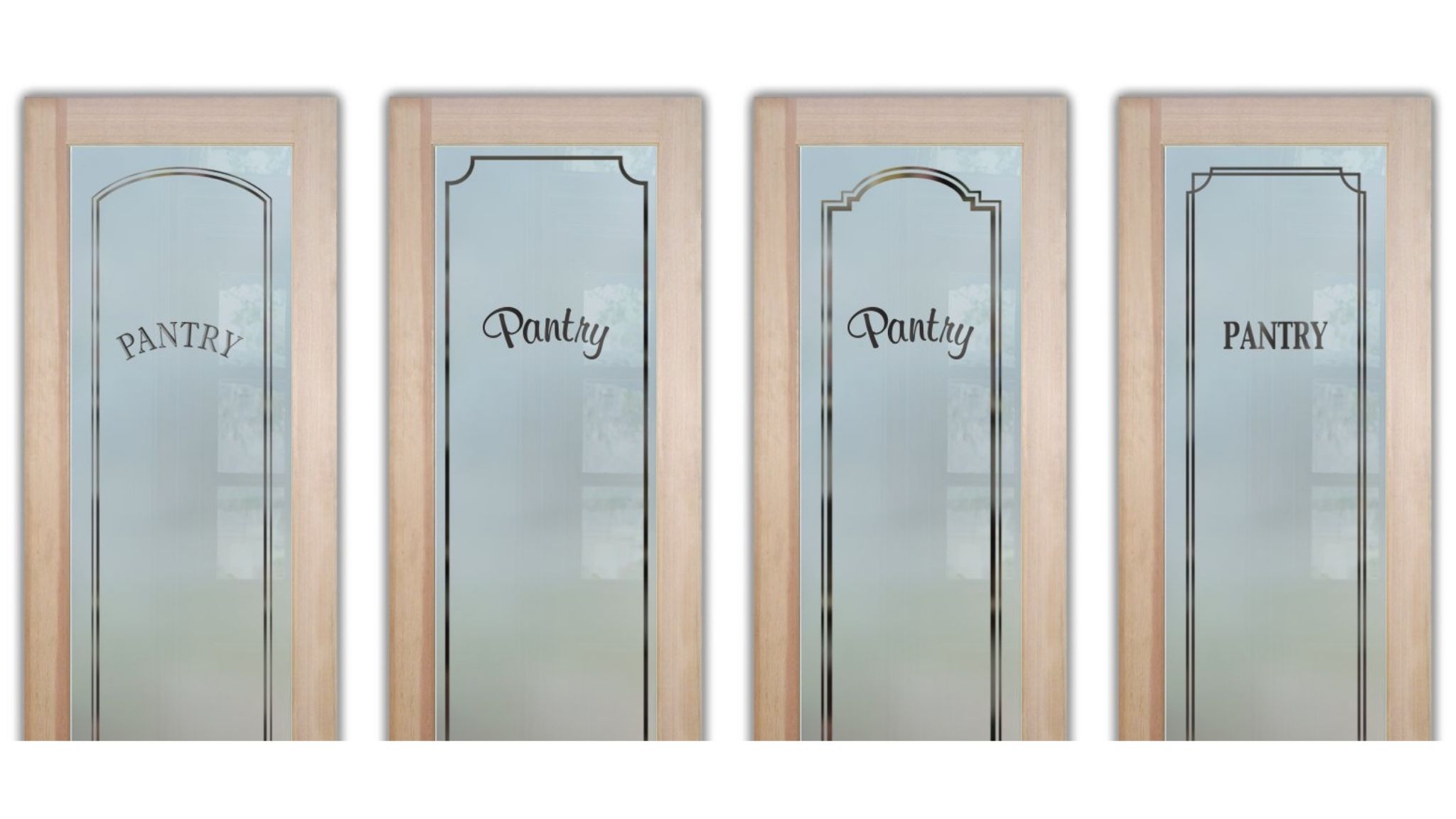Pantry Door Fonts and Design Options with classic framing borders including arched and concave corners, ideal for traditional kitchens.
