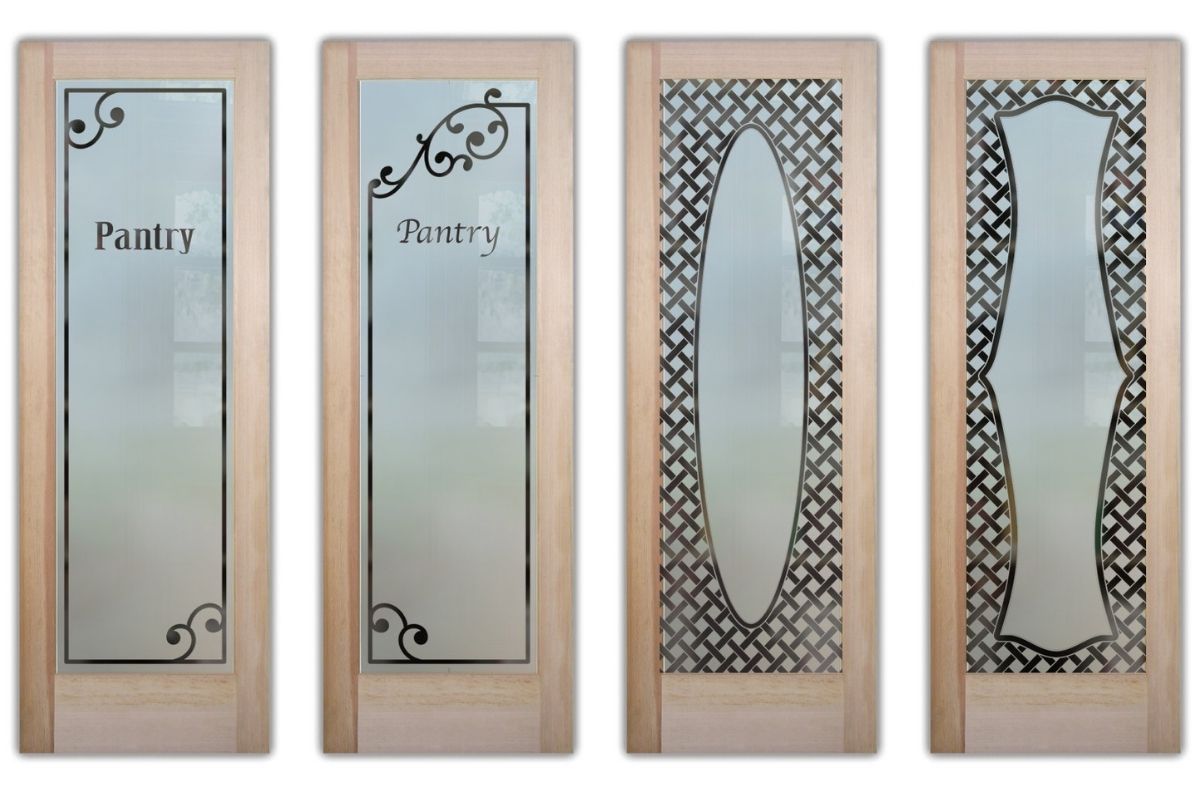Pantry Door Fonts and Design Options highlighting decorative borders like Barcelona and lattice styles for bold statement doors.