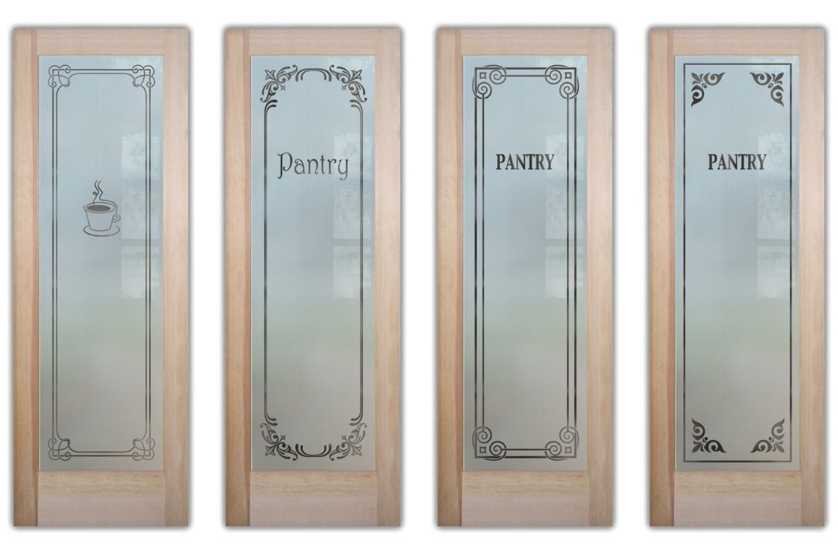 Pantry Door Fonts and Design Options showcasing elegant ornamental borders such as Florence, Parisian, and Naples for refined upscale kitchens.