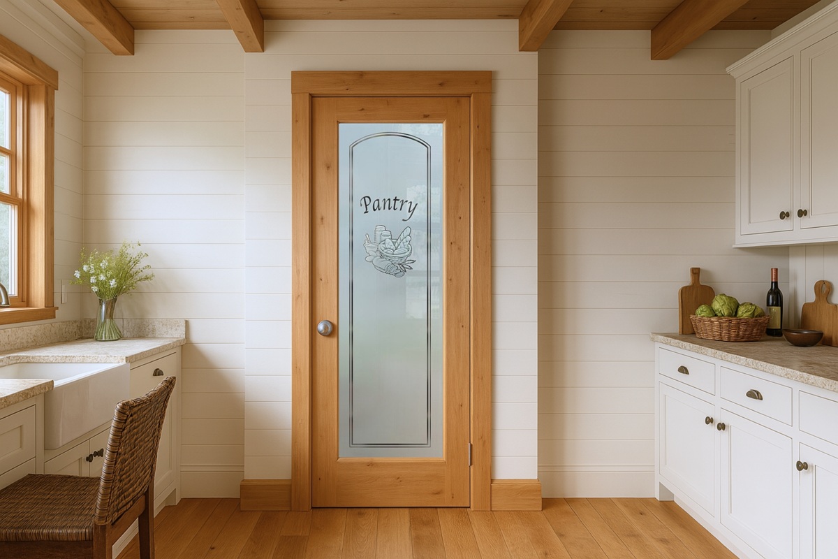 A farmhouse cottage kitchen with a frosted glass pantry door featuring a floral design, surrounded by light wood trim, white shiplap walls, and rustic cabinetry.