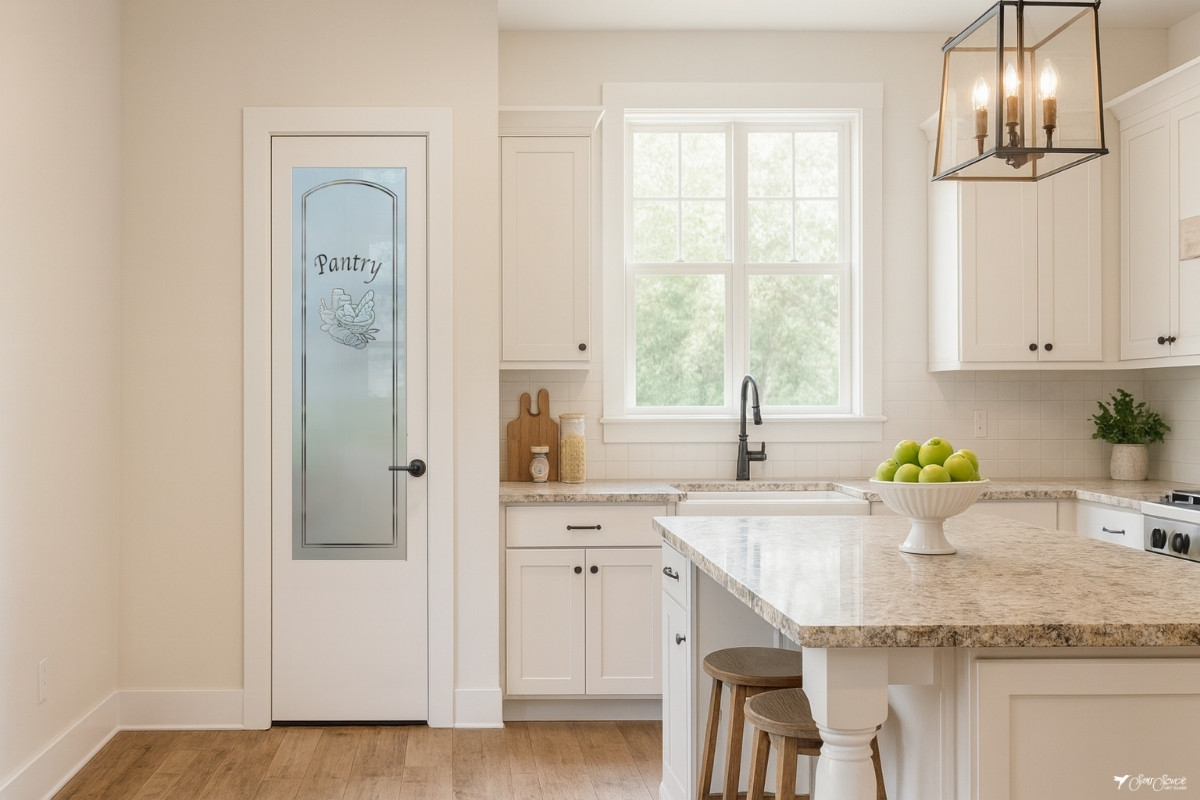 Farmhouse kitchen with a frosted glass pantry door featuring a bread basket design as the focal point.