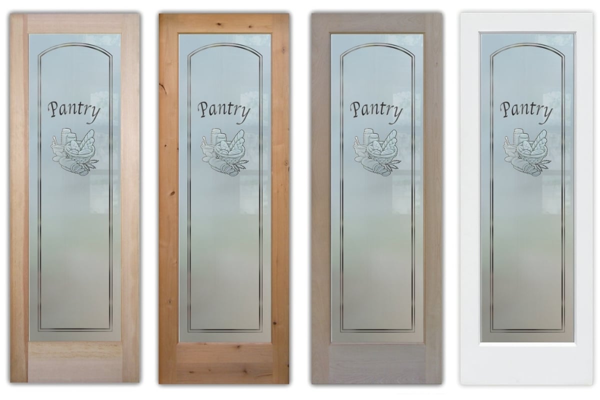 Collage of Farmhouse Pantry Door designs featuring a frosted glass panel with a sandblasted bread basket etching labeled “Pantry,” shown in various wood finishes including natural, light, and dark tones.