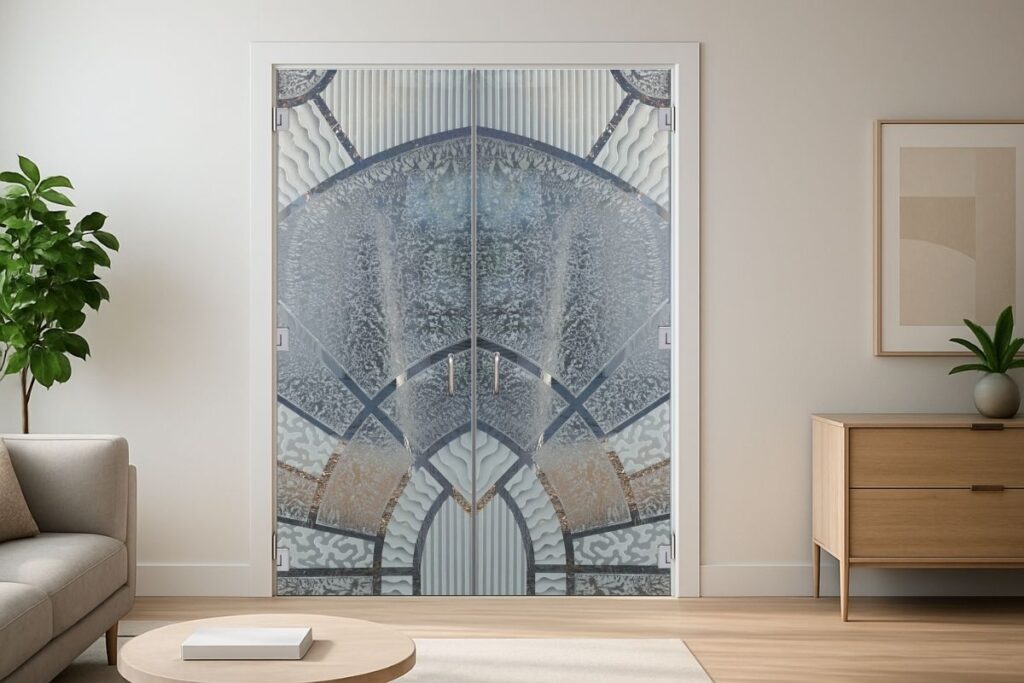 Frameless interior glass doors with geometric arched frosted design separating a living room space with a clean, contemporary look