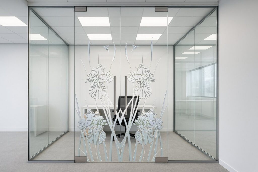 Nature-inspired frameless glass interior doors