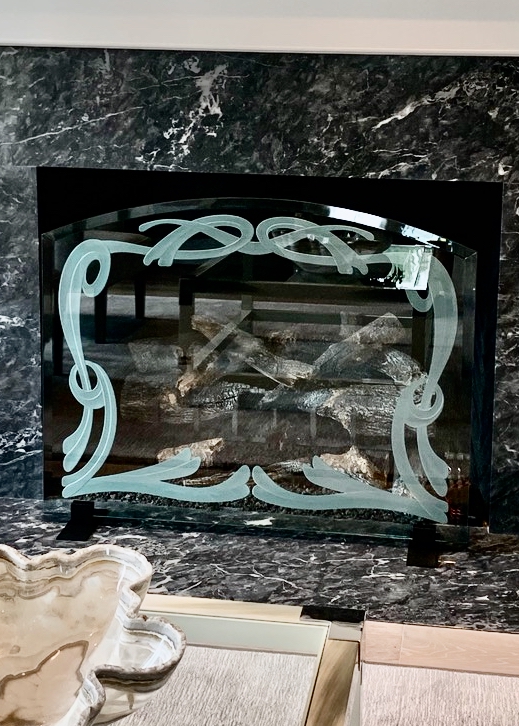 Fireplace Screen with Carved Glass Panel 