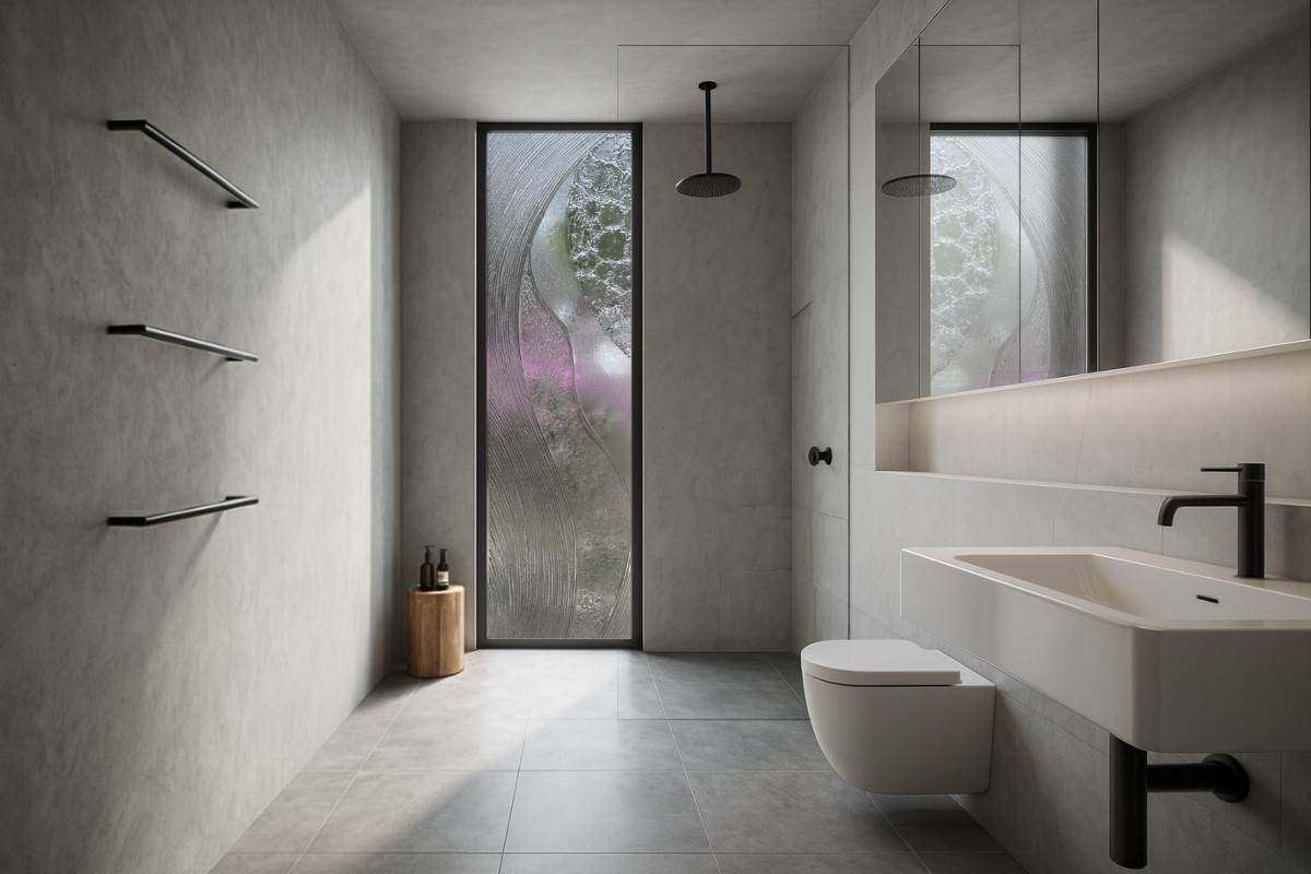 Modern bathroom with tall frosted cast glass window providing semi-privacy and natural light.
