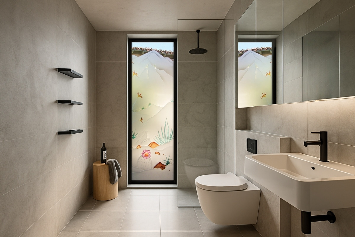 Modern bathroom with tall painted frosted glass window featuring desert mountain design.