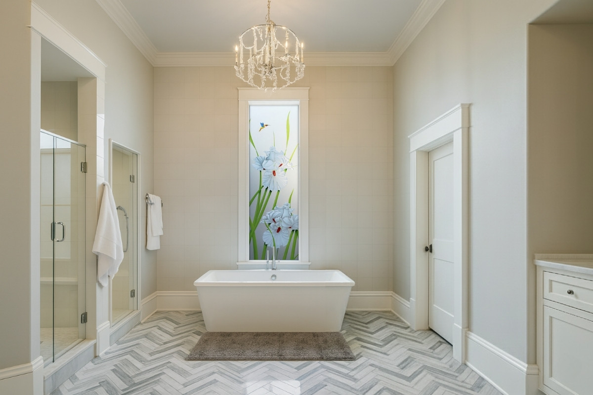 Luxury bathroom with freestanding tub and tall painted frosted glass window, showcasing the best privacy option for bathroom windows with natural light and style.