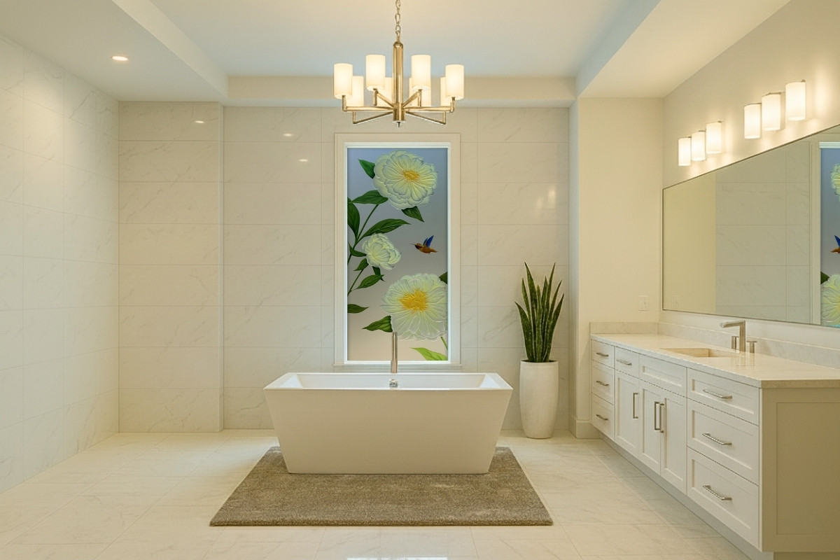 A luxurious bathroom with a white freestanding tub in the center. The window behind the tub features a frosted glass design of peonies and a hummingbird. The room includes a vanity with marble countertops to the right.
