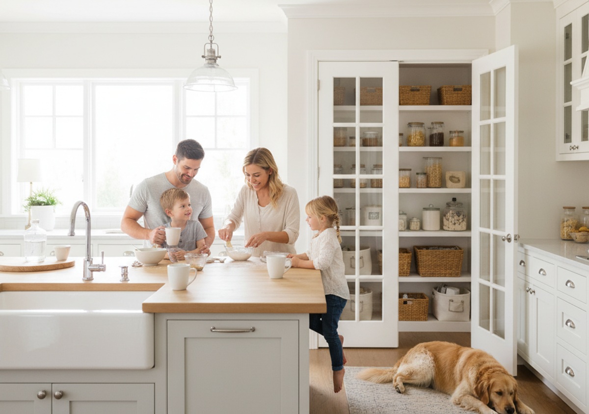 A large, airy family kitchen with a timeless French-Inspired Pantry Doors visible in the background.