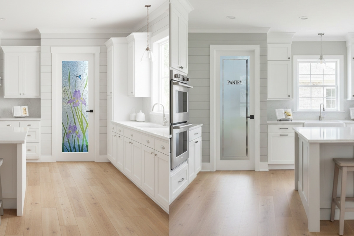 A split-screen image showing two different tempered glass pantry doors in a modern white kitchen. The left image shows a pantry door with a vibrant, detailed sandblasted design of a hummingbird and purple irises. The right image features a pantry door with a simple, frosted glass design and the word "PANTRY" sandblasted vertically down the center. Both doors are set in a clean, contemporary kitchen with white cabinets, light wood floors, and a bright, airy feel.