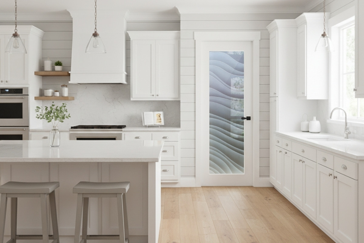 Modern white kitchen with a frosted glass pantry door featuring a wavy etched pattern, allowing natural light to filter through while providing privacy.
