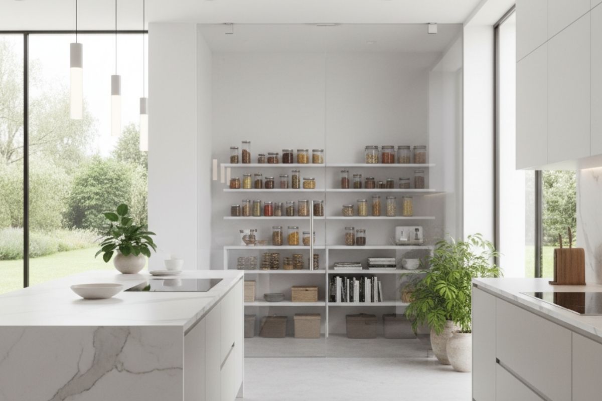 Sleek frameless glass pantry doors in a modern home.