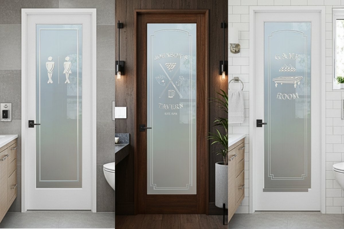 Set of frosted glass interior doors with etched signs for office and home use, including restroom icons, custom tavern design, and game room lettering.