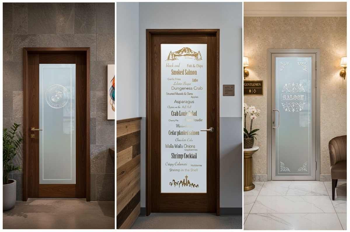 Collage of frosted glass doors with quirky and creative etched signs for restaurants and caf&eacute;s, including seafood menu design, vintage saloon sign, and decorative emblem.