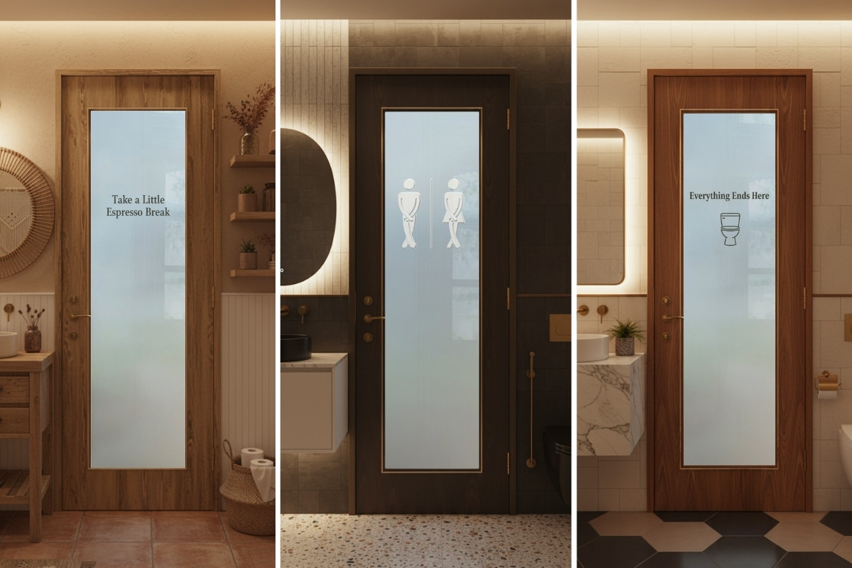 Collage of cute and funny bathroom door signs on frosted glass doors including &lsquo;Take a Little Espresso Break,&rsquo; playful restroom icons, and &lsquo;Everything Ends Here&rsquo; for restaurants and coffee shops.