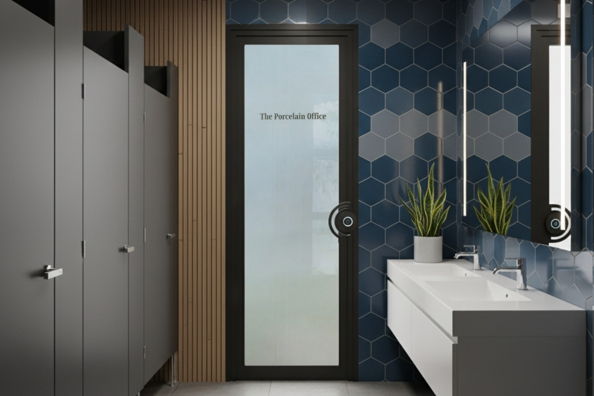 Office bathroom door with frosted glass panel etched with the funny sign &lsquo;The Porcelain Office,&rsquo; set inside a modern workplace restroom with hexagon tile walls.