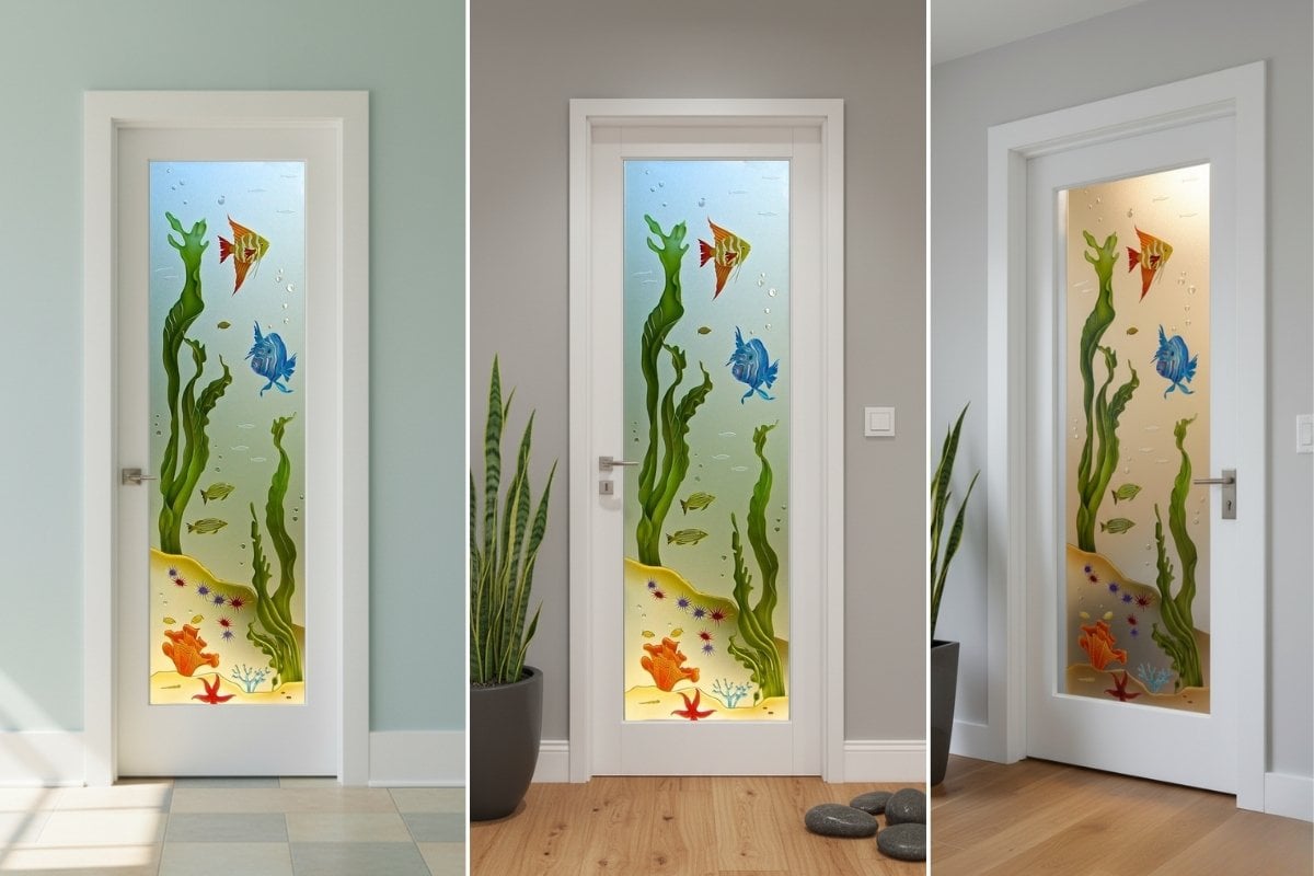 Collage of three images showing different angles of a frosted glass interior door with a colorful, hand-painted aquatic scene of fish, seaweed, and coral.