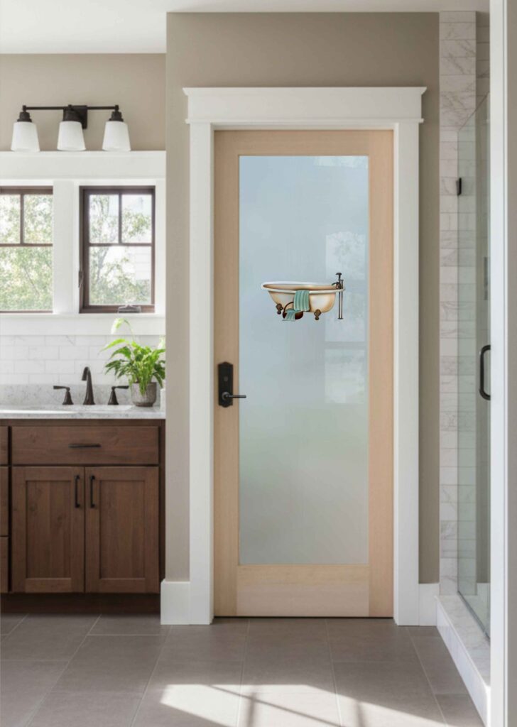 Bathroom door with frosted glass panel featuring a painted clawfoot bathtub design, set in a modern home interior with wood accents and natural light.