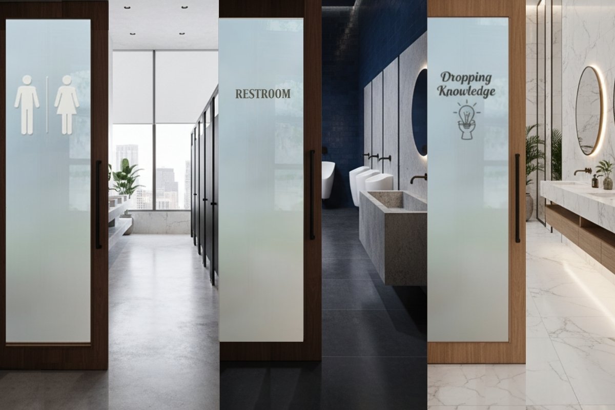 Custom frosted glass bathroom doors with etched signs, featuring modern icons, text, and witty designs for offices, restaurants, and homes.