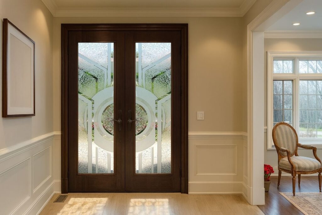 Transitional double wood entry doors with matching geometric frosted glass panels centered around a circular motif.